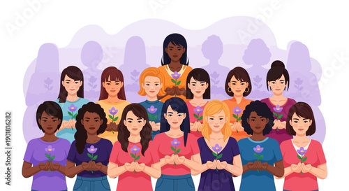 A diverse group of women of various ethnicities and ages stand together holding purple flowers, symbolizing unity and support.