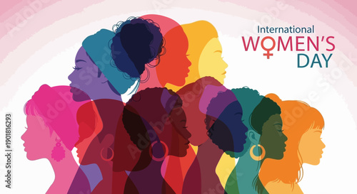 Diverse group of women in profile, celebrating International Women's Day with vibrant colors and unity.