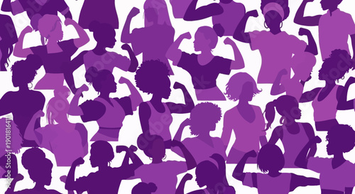 A diverse group of women are depicted in silhouette, flexing their biceps to symbolize strength and empowerment.