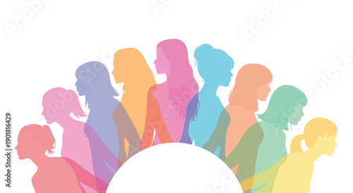 Diverse group of women in colorful silhouettes, representing unity and strength in a community.