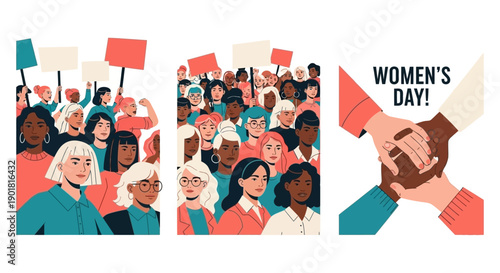 Diverse group of women participating in a protest and celebrating International Women's Day with hands clasped together.