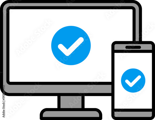 パソコンとスマートフォンの画面にチェックマークが表示されたイラスト｜完了・確認・成功の概念　Illustration of Computer and Smartphone with Check Mark – Completion and Success Concept
