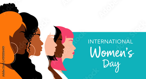 Diverse group of women in profile celebrating International Women's Day with a teal background.