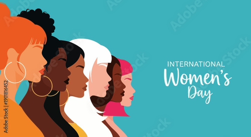 Diverse group of women of various ethnicities and skin tones standing side-by-side in profile, celebrating International Women's Day.