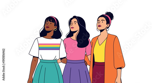 Three diverse women standing together with their arms around each other, representing unity and friendship.
