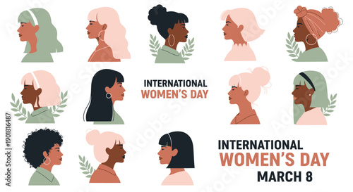 Diverse women's profiles celebrating International Women's Day on March 8th with artistic illustrations.