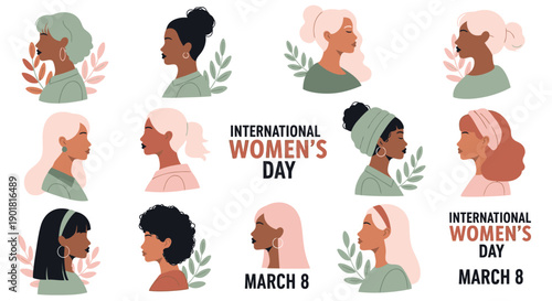 A diverse collection of women's faces in profile, celebrating International Women's Day on March 8th.
