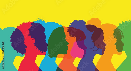 Diverse group of women's silhouettes in vibrant, overlapping colors against a bright yellow background, symbolizing unity and strength.