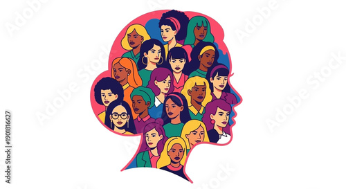 Diverse group of women of various ethnicities and hairstyles are depicted within the silhouette of a woman's profile.