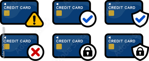 クレジットカードの状態を示すアイコンセット｜警告・成功・失敗・ロック・セキュリティ　Credit Card Status Icon Set – Warning, Success, Error, Lock and Security
