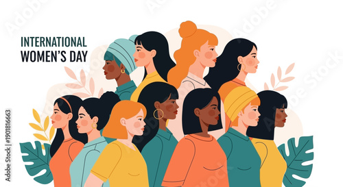 Diverse group of women of various ethnicities and ages celebrating International Women's Day with floral elements.