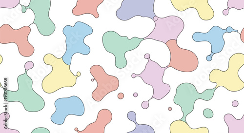 Seamless pastel camouflage pattern featuring irregular amoeba shapes and organic liquid blobs connected by thin delicate lines