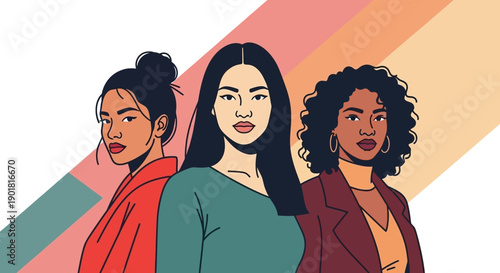 Three diverse women of different ethnicities standing together, representing unity and strength.
