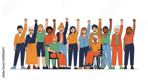 A diverse group of people of various ages, ethnicities, and abilities stand together with their fists raised in solidarity.
