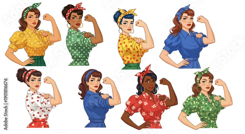 A diverse group of women in vintage clothing striking the iconic 'We Can Do It!' pose, symbolizing strength and empowerment.
