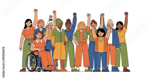 A diverse group of women, including one in a wheelchair, stand together with raised fists in solidarity and empowerment.