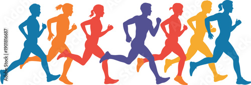 A vibrant procession of diverse runners in colorful silhouettes, including men and women, captured in mid-stride against a clean white backdrop