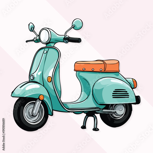 Cartoon Style Detailed Turquoise Scooter Isolated on Simple Background Illustration