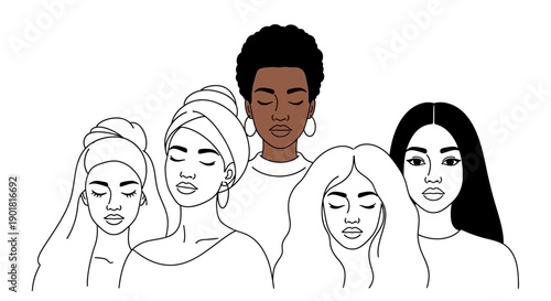 A diverse group of women with closed eyes, representing unity and inner peace.