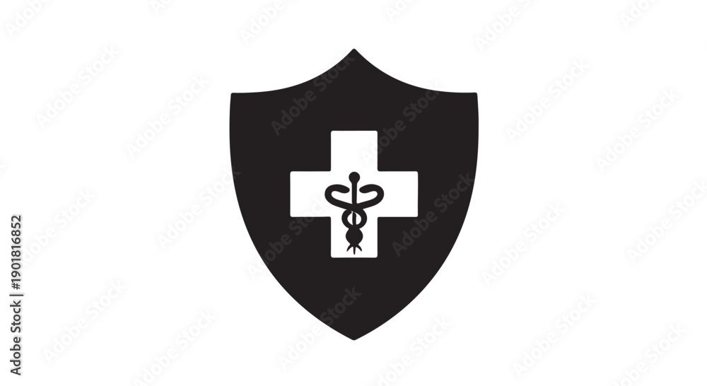 Obraz premium Medical Shield with Cross and Staff Symbol in Simple Monochrome Design on White Background for Healthcare Logo