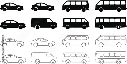 Assortment of car and bus silhouettes and line depicting various vehicle models and profiles for transport concepts