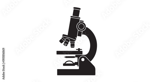 Microscope in simple flat design with black silhouette on white background for scientific education