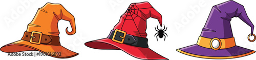Halloween Witch Hats Set With Buckles Spider Web And Decorative Elements Vector Illustration