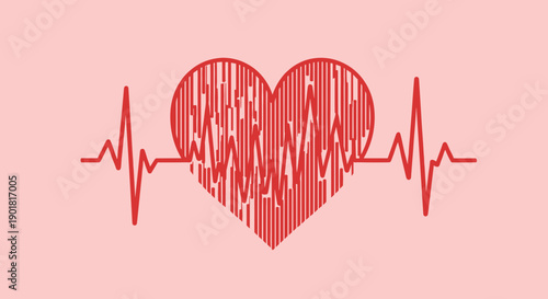 Red Heartbeat Heart ECG Line Art.