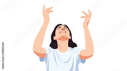 Happy young woman raising her hands and looking up with a look of pure joy and gratitude against a white background.