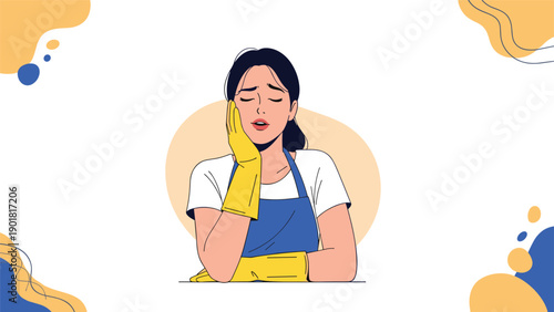 Tired cleaning woman wearing an apron and yellow gloves holding her hand to her cheek as if she has a toothache.