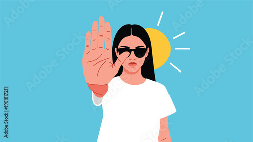 Serious woman wearing sunglasses and a white shirt showing a stop hand gesture against a blue background with a sun symbol.