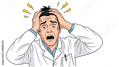 Stressed male doctor in a white coat holding his head in panic with sweat drops and lightning symbols around him.