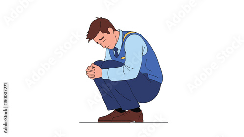 Sad man in a blue vest and trousers crouching down with his head lowered and hands together on a white background.