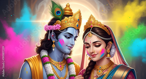 Holi festival romantic krishna radha portrait with vibrant colors showing indian culture devotion love tradition emotion spiritual art background for commercial use