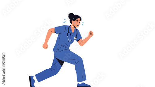 Stressed female nurse in blue scrubs and a stethoscope running fast with a panicked expression and sweat drops.