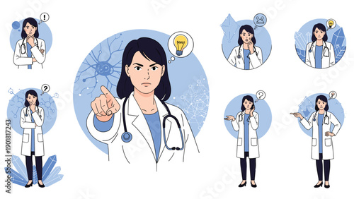 Professional female doctor in various poses and icons showing different emotions and ideas related to medical service.