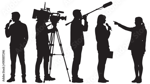 Vector Illustration Of Film Crew Silhouettes With Camera And Microphones For Media Production Concept