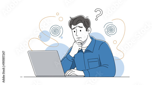 Confused young man in a blue shirt sitting at a laptop with his hand on his chin and question marks in the air.