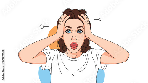 Shocked young woman with blue eyes holds her head in disbelief with a wide-open mouth showing extreme surprise or alarm.