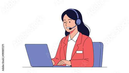 Female customer service representative wearing a headset works on her laptop at a desk with a friendly smile on her face.