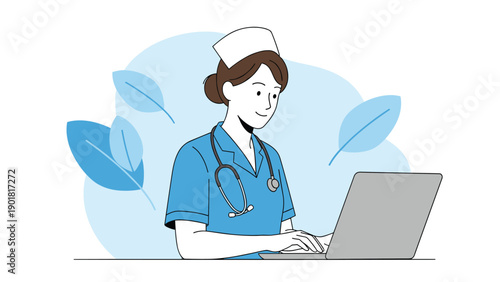 Dedicated nurse in blue scrubs and a stethoscope working on a laptop computer against a soft blue leafy background.