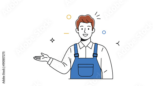 Friendly male worker wearing blue overalls and a white shirt smiles while gesturing with his hand toward an empty space.