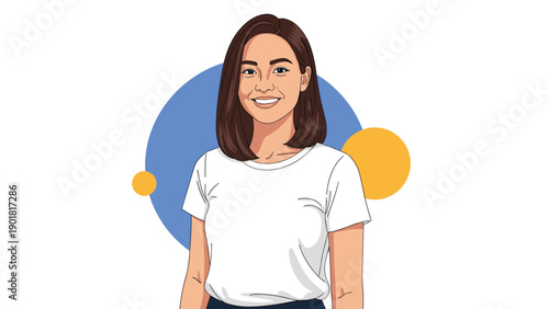 Confident young woman with brown hair smiles warmly while standing against a clean background with decorative blue and yellow shapes.