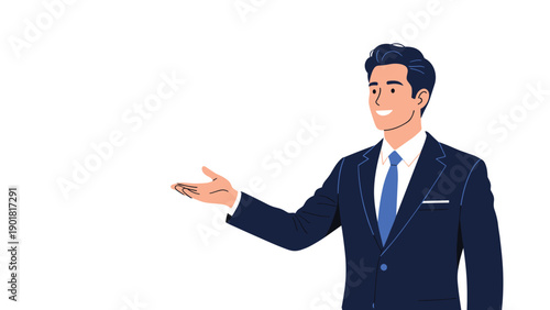 Handsome businessman wearing a dark suit and blue tie smiles while gesturing with an open palm toward the side space.