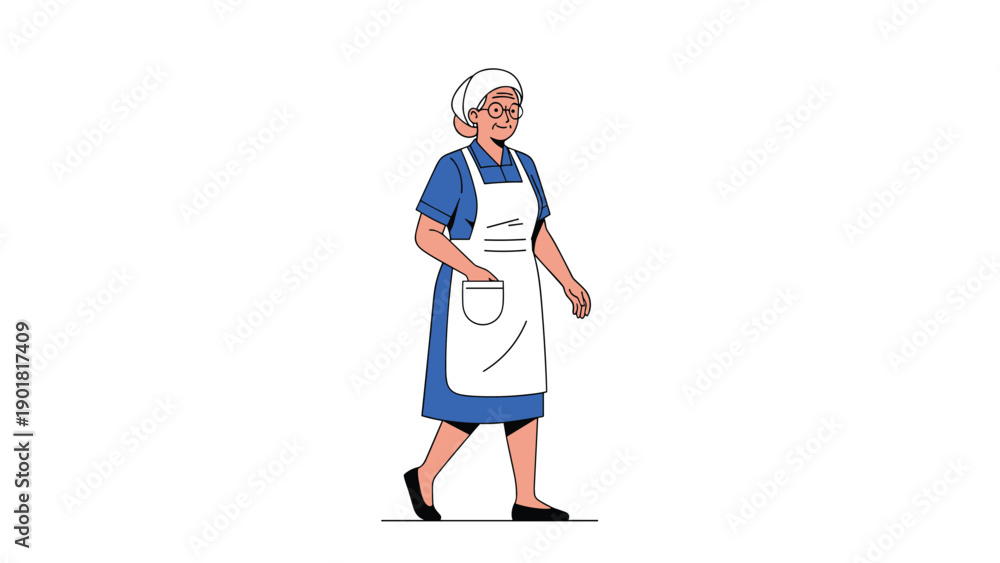 Obraz premium Senior woman wearing a blue dress and a white apron with glasses walking across a white background with a cheerful smile.