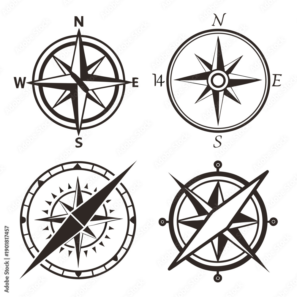 Obraz premium Four distinct compasses showcasing various designs and orientations Vector