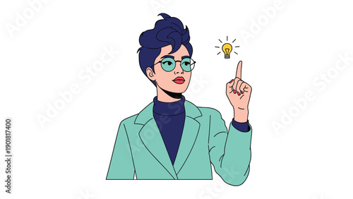 Creative woman with blue hair and glasses pointing up at a glowing lightbulb symbol representing a bright new idea.