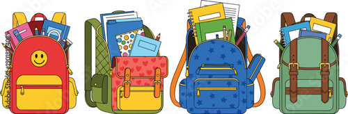 Colorful School Backpack Collection With Books Notebooks And Supplies Packed Inside In Cute Educational Vector Illustration