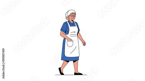Senior woman wearing a blue dress and a white apron with glasses walking across a white background with a cheerful smile.