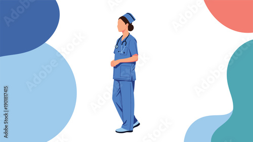 Professional female nurse wearing blue scrubs and a stethoscope walking confidently against a modern abstract background.